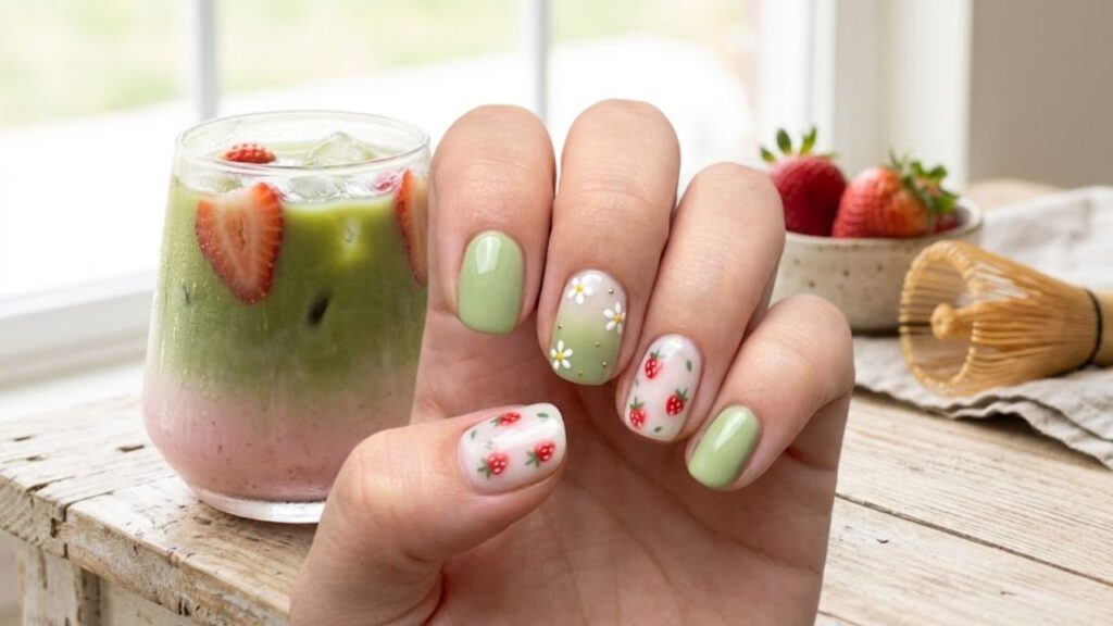 Refreshing Strawberry Matcha Nail